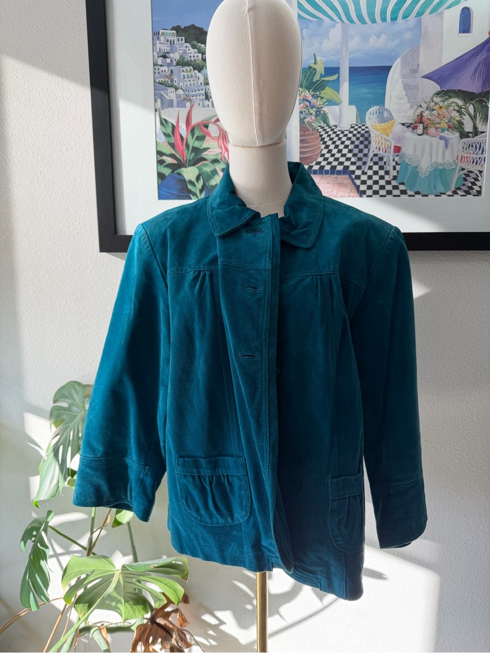 Chico's 100% Genuine Leather Suede Turquoise Marc Jacobs style Pea Coat Jacket L